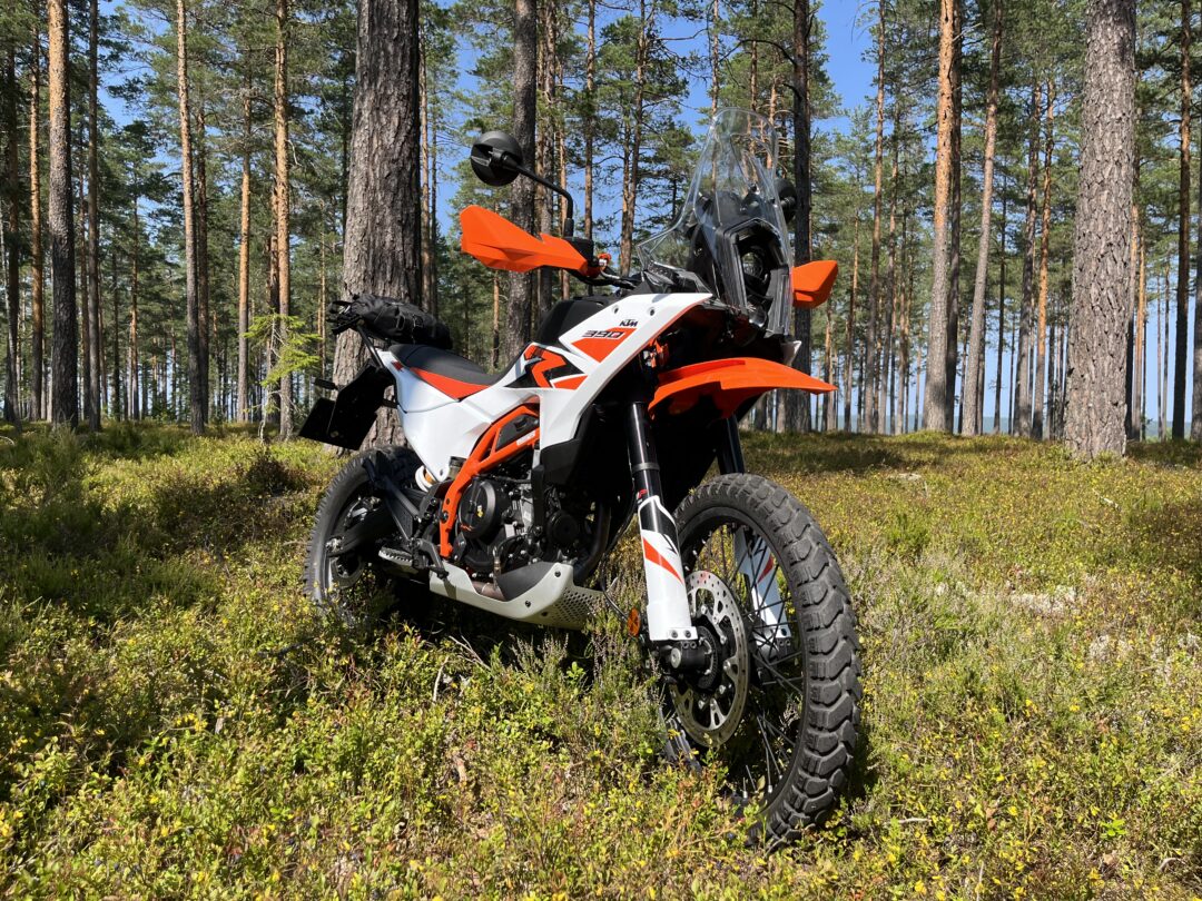 Orange-and-white KTM adventure motorcycle parked in a sunlit pine forest, front wheel and tall trees visible behind it.