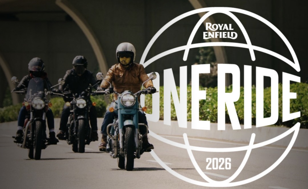 Group of motorcyclists riding toward the camera with a bold white branding graphic overlaid on the right side.